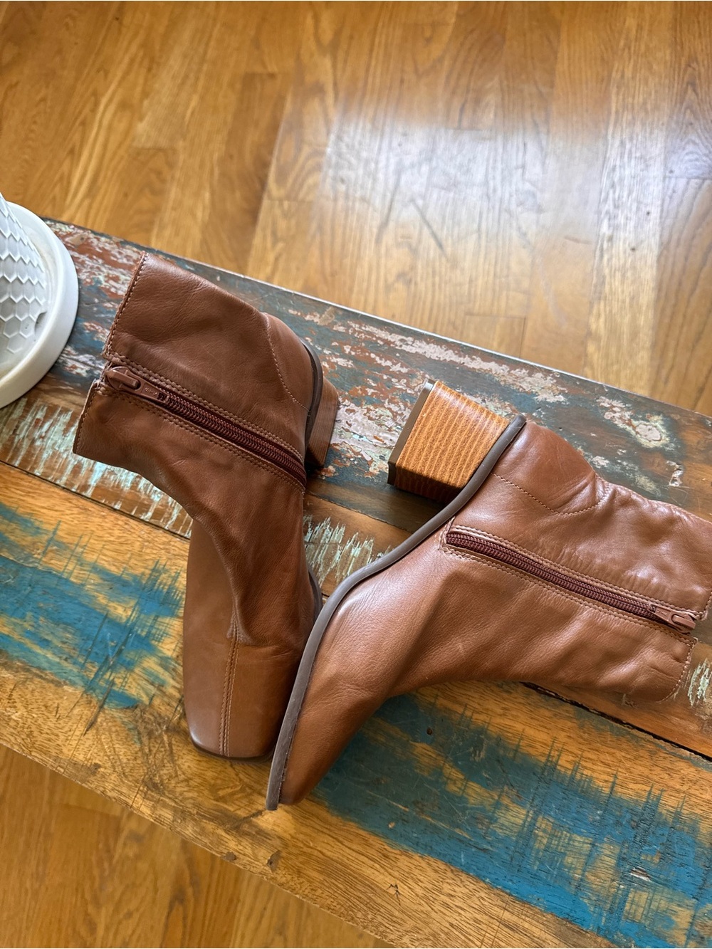 Women’s Tan Leather Block-Heel Ankle Boots with Side Zip